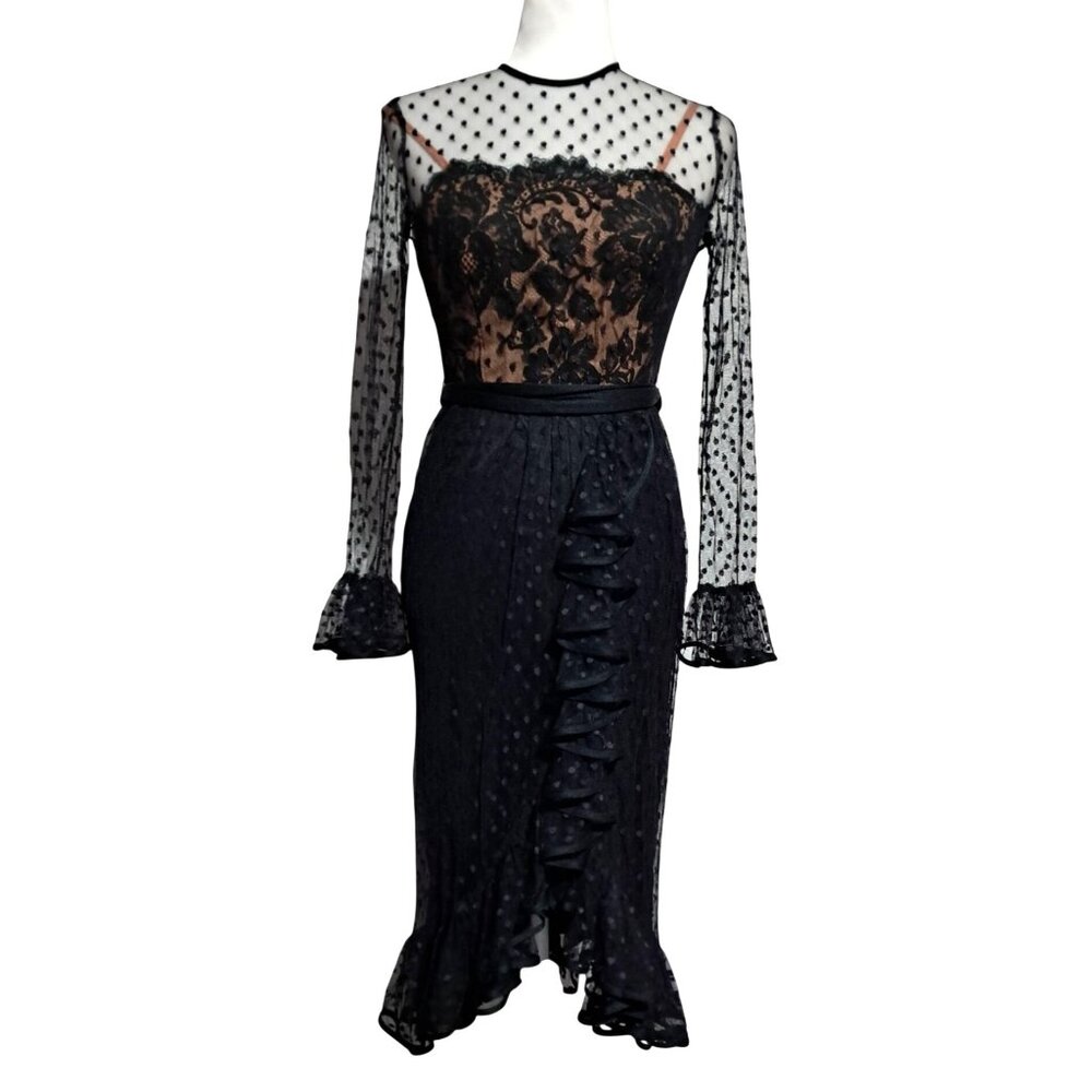 Vintage 70s Jack Bryan Black Gothic Polka Dot Lace Ruffled Midi Dress Sz 4 Emo M - Picture 1 of 12